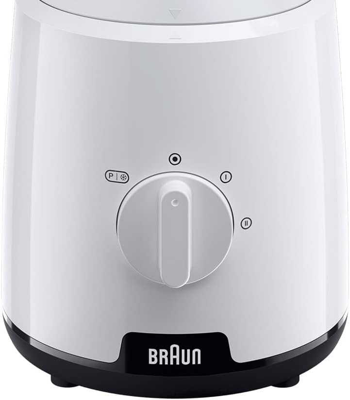 Batidora Braun PowerBlend 1 JB1050WH de 600 W con 2 velocidades, vaso mezclador de vidrio de 1,5 L y función para picar hielo. Ideal para triturar, moler y batir en la cocina. Color blanco.