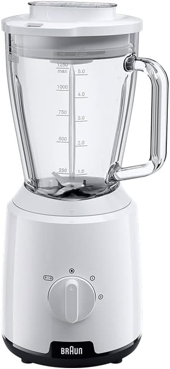 Batidora Braun PowerBlend 1 JB1050WH de 600 W con 2 velocidades, vaso mezclador de vidrio de 1,5 L y función para picar hielo. Ideal para triturar, moler y batir en la cocina. Color blanco.