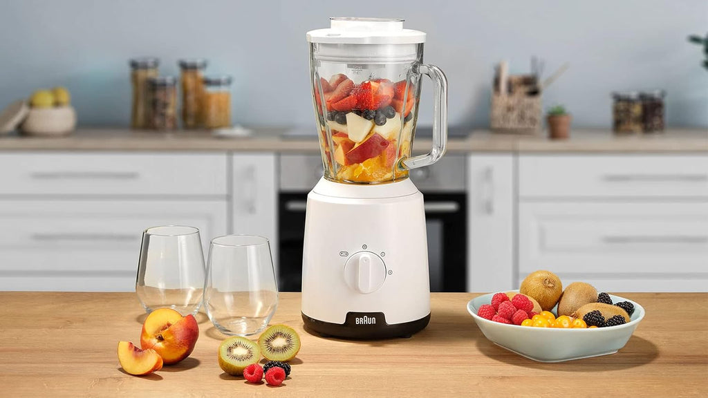 Batidora Braun PowerBlend 1 JB1050WH de 600 W con 2 velocidades, vaso mezclador de vidrio de 1,5 L y función para picar hielo. Ideal para triturar, moler y batir en la cocina. Color blanco.