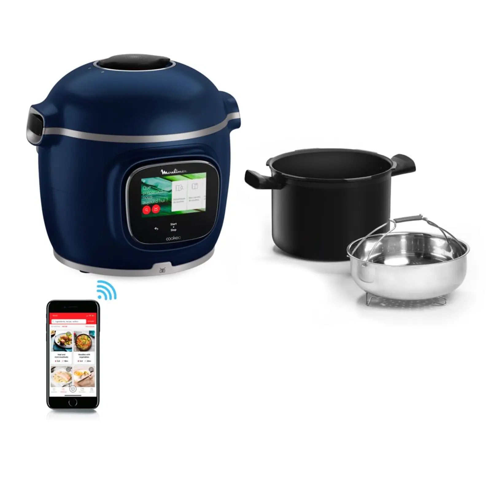 Cookeo MOULINEX CE943410, pantalla táctil azul, wifi pro con báscula integrada, capacidad de 6 litros, 13 modos de cocción, 250 recetas.