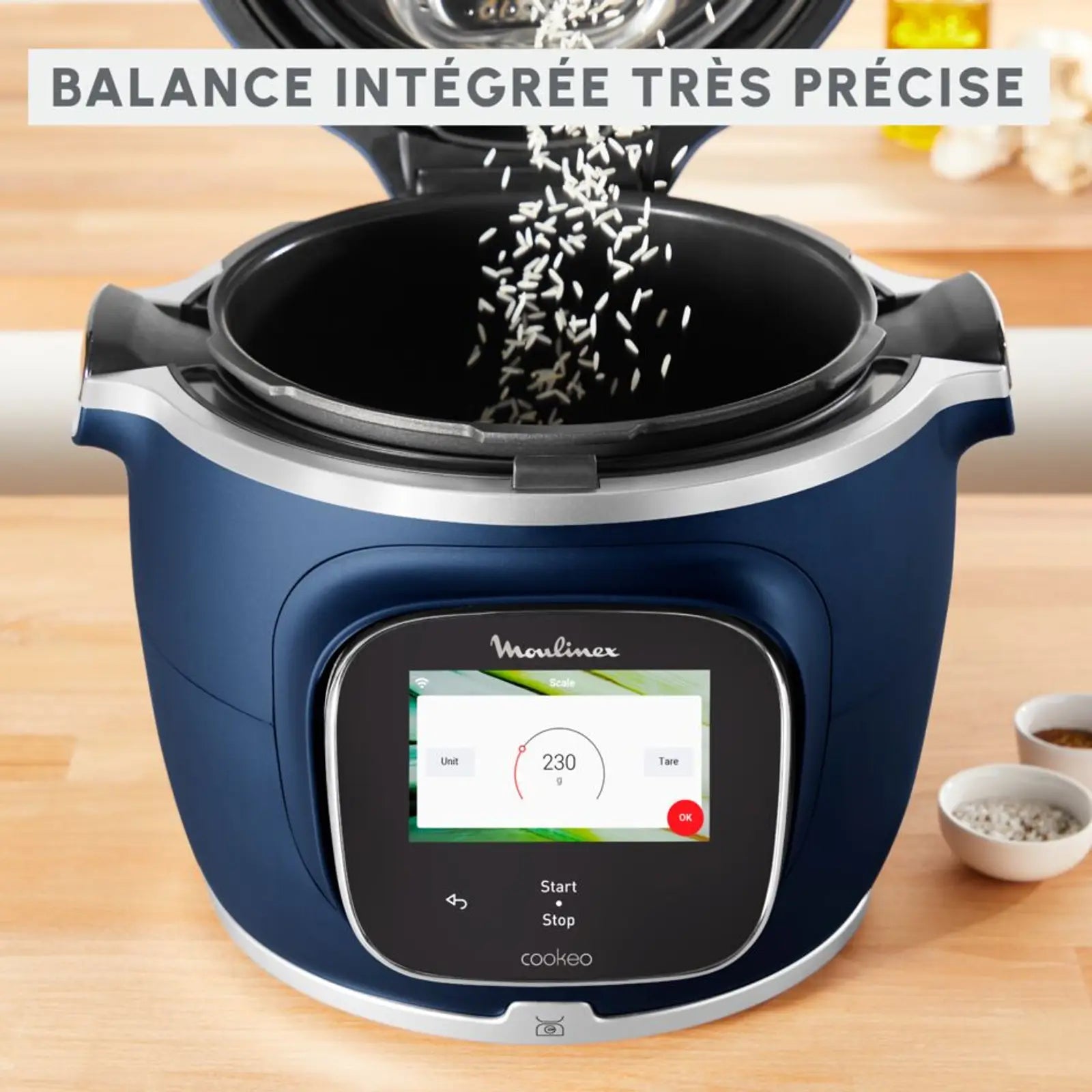 Cookeo MOULINEX CE943410, pantalla táctil azul, wifi pro con báscula integrada, capacidad de 6 litros, 13 modos de cocción, 250 recetas.