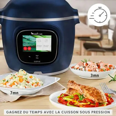 Cookeo MOULINEX CE943410, pantalla táctil azul, wifi pro con báscula integrada, capacidad de 6 litros, 13 modos de cocción, 250 recetas.